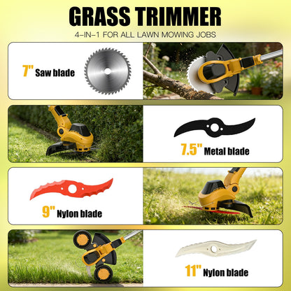 Weed Wacker Cordless Compatible with DEWALT 20V MAX Battery, Electric Weed Cordless Eater with 4 Types Blades, Brushless Grass Trimmer/Lawn Edger/Mower/Brush Cutter for Yard Garden(No Battery)